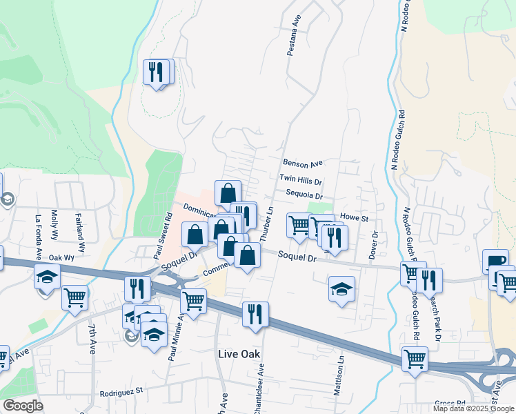 map of restaurants, bars, coffee shops, grocery stores, and more near 3268 Mission Drive in Santa Cruz