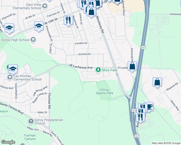 map of restaurants, bars, coffee shops, grocery stores, and more near 149 Lusitano Way in Gilroy