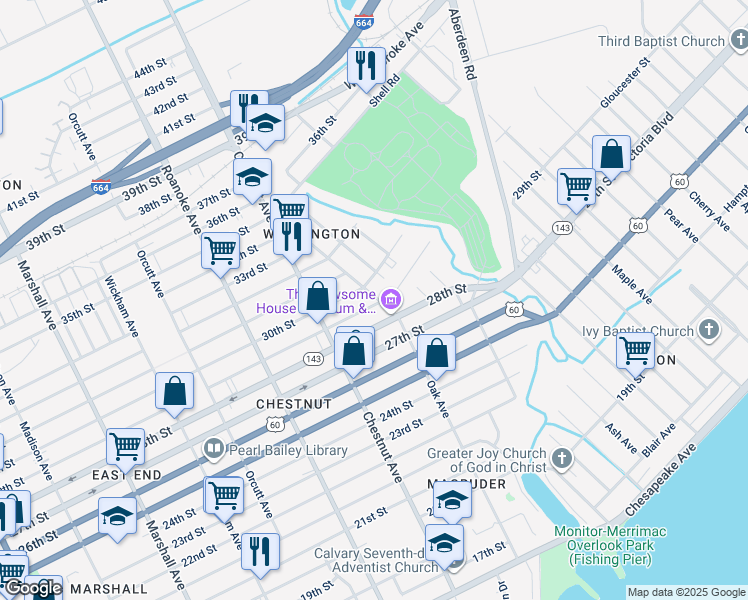 map of restaurants, bars, coffee shops, grocery stores, and more near 1257 29th Street in Newport News