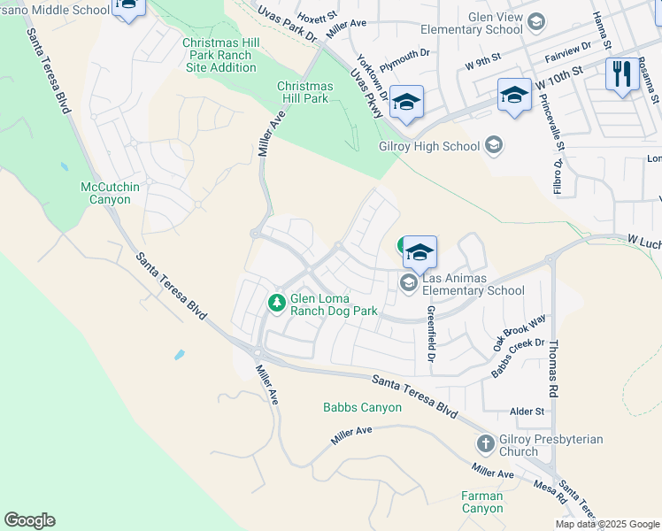map of restaurants, bars, coffee shops, grocery stores, and more near 6545 Sanchez Place in Gilroy