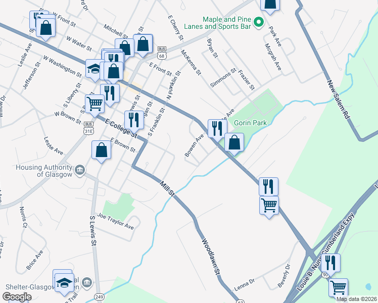 map of restaurants, bars, coffee shops, grocery stores, and more near 301 Bowen Avenue in Glasgow