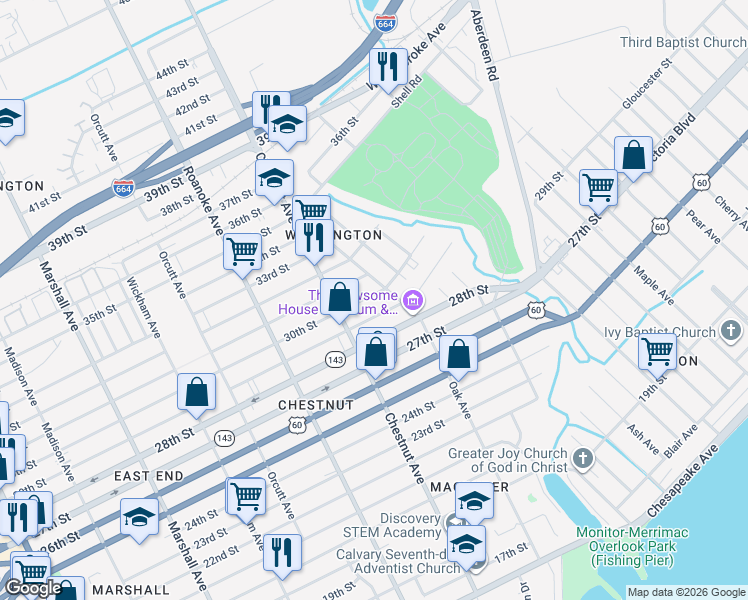 map of restaurants, bars, coffee shops, grocery stores, and more near 1236 31st Street in Newport News