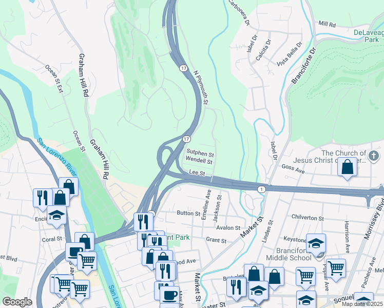map of restaurants, bars, coffee shops, grocery stores, and more near 114 Sutphen Street in Santa Cruz