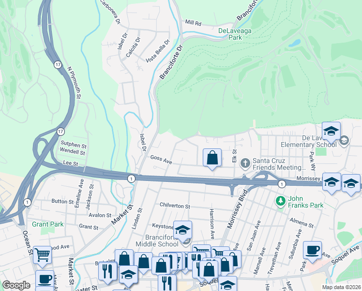 map of restaurants, bars, coffee shops, grocery stores, and more near 1445 North Branciforte Avenue in Santa Cruz
