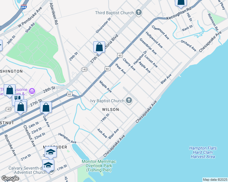 map of restaurants, bars, coffee shops, grocery stores, and more near 1890 Hampton Avenue in Newport News