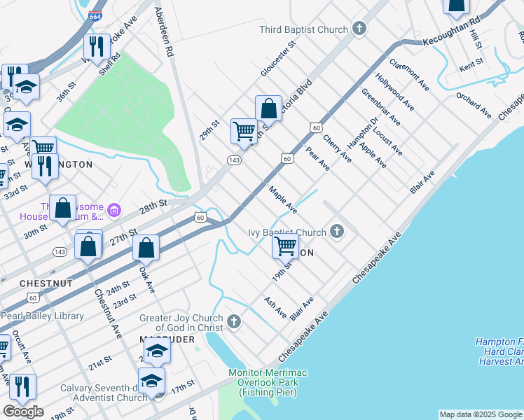 map of restaurants, bars, coffee shops, grocery stores, and more near 247 Poplar Avenue in Newport News