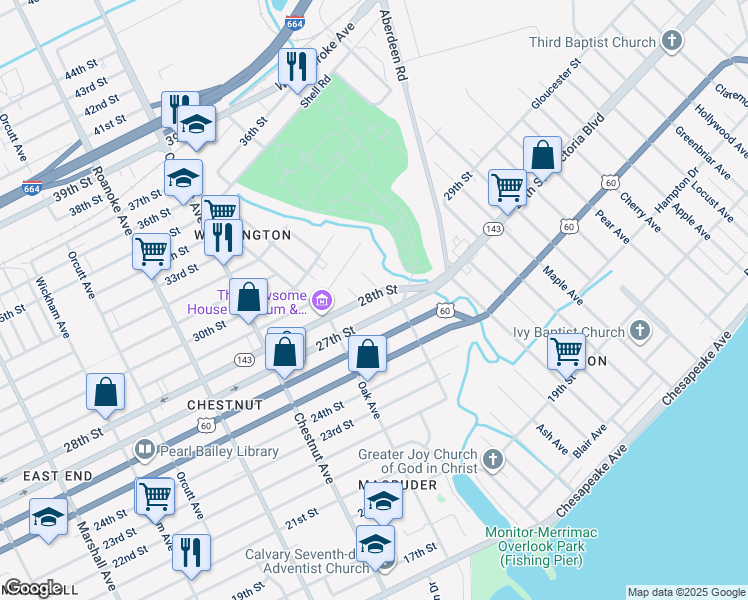 map of restaurants, bars, coffee shops, grocery stores, and more near 2800 Parish Avenue in Newport News