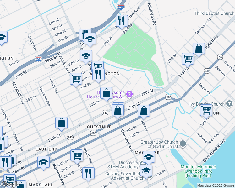map of restaurants, bars, coffee shops, grocery stores, and more near 1236 31st Street in Newport News