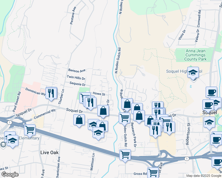 map of restaurants, bars, coffee shops, grocery stores, and more near 2743 Hampton Lane in Santa Cruz