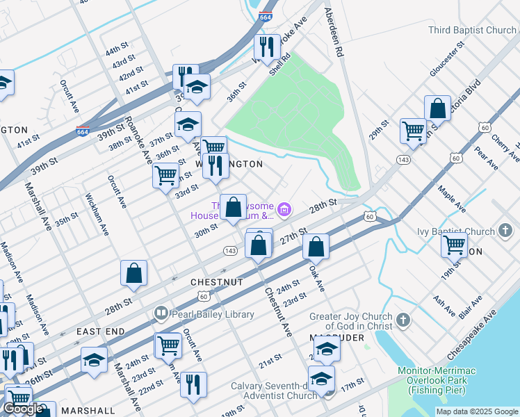map of restaurants, bars, coffee shops, grocery stores, and more near 1240 30th Street in Newport News