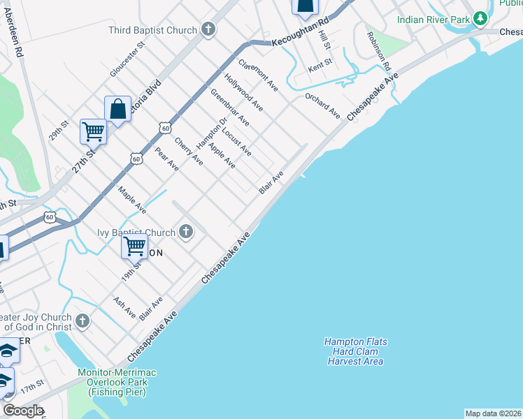 map of restaurants, bars, coffee shops, grocery stores, and more near 807 Blair Avenue in Hampton