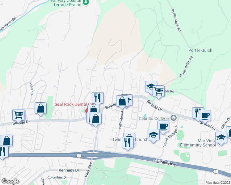 map of restaurants, bars, coffee shops, grocery stores, and more near 3074 McGlenn Drive in Aptos