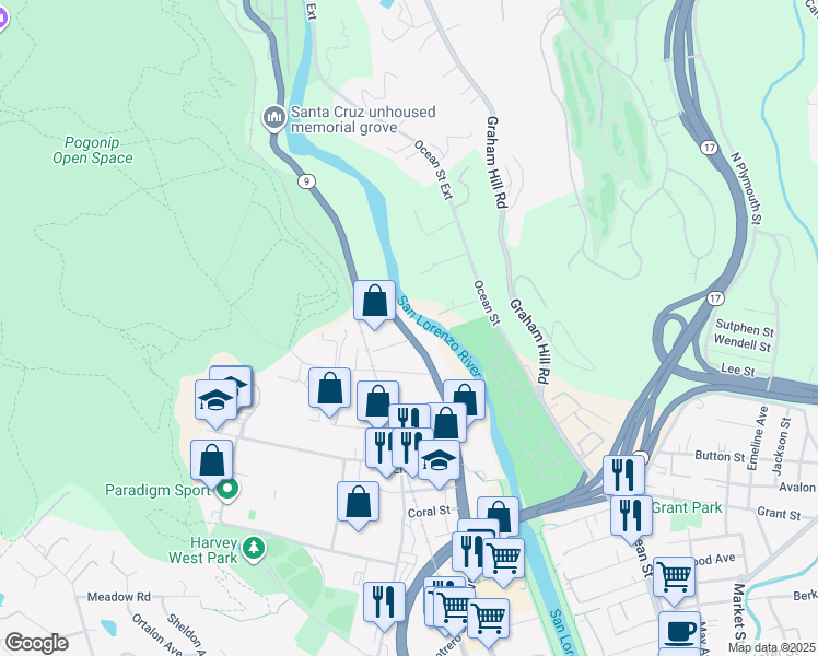 map of restaurants, bars, coffee shops, grocery stores, and more near 1250 River Street in Santa Cruz