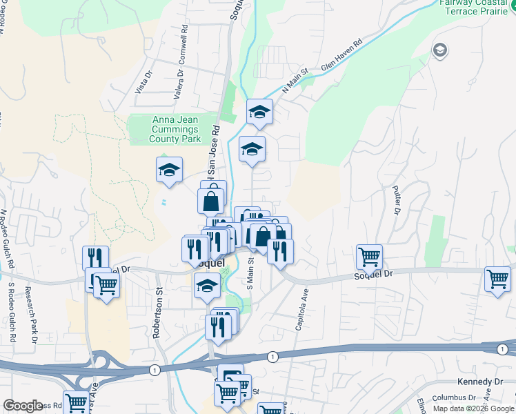 map of restaurants, bars, coffee shops, grocery stores, and more near 3240 North Main Street in Soquel