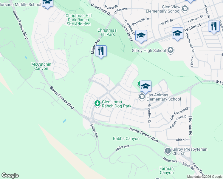 map of restaurants, bars, coffee shops, grocery stores, and more near West 10th Street in Gilroy