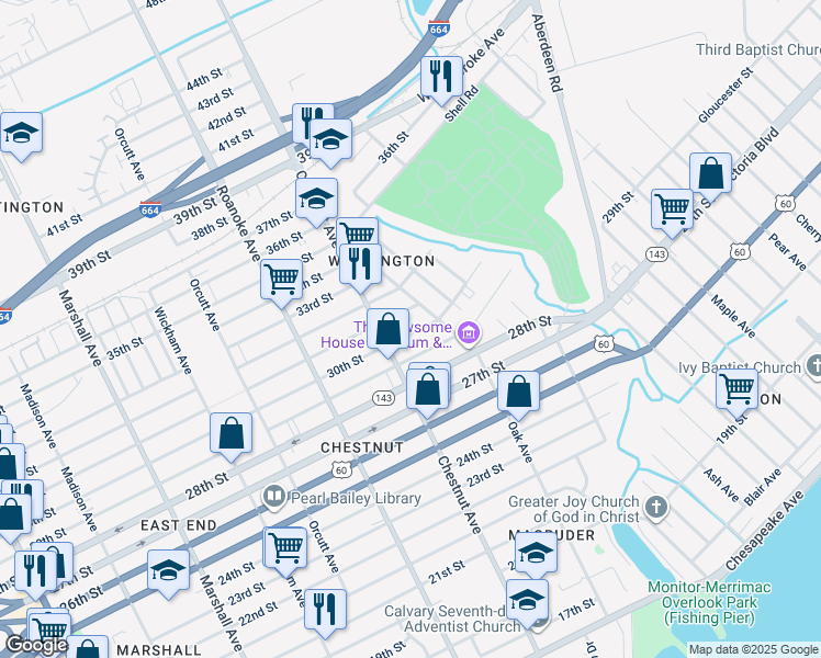 map of restaurants, bars, coffee shops, grocery stores, and more near 1247 30th Street in Newport News