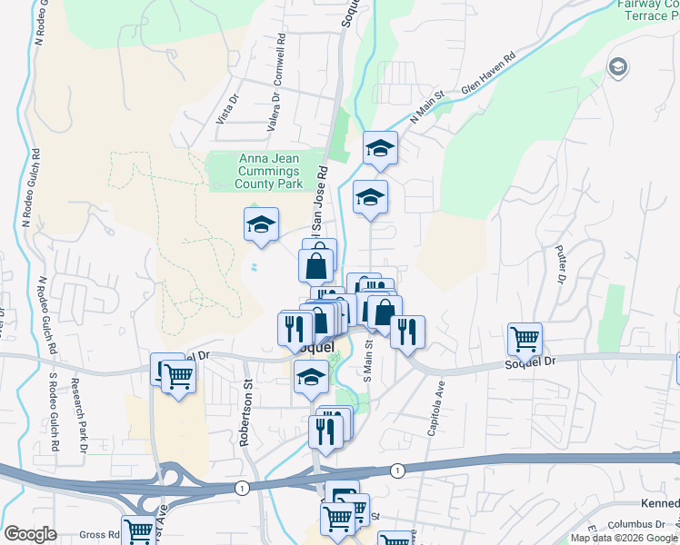 map of restaurants, bars, coffee shops, grocery stores, and more near 3300 Paper Mill Road in Soquel