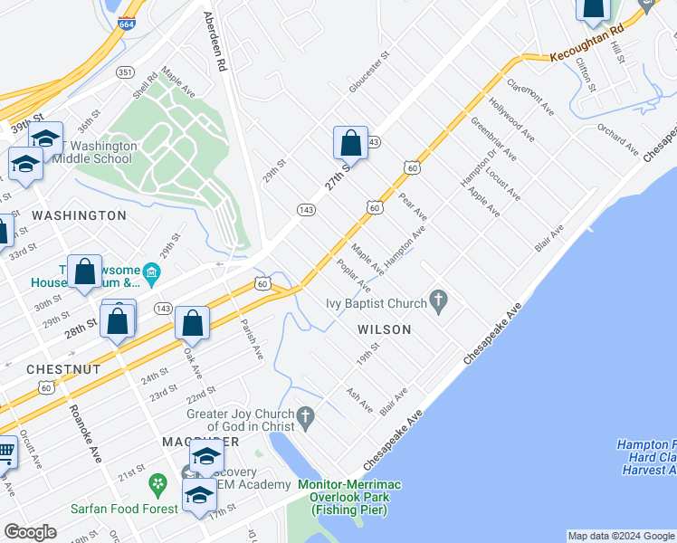map of restaurants, bars, coffee shops, grocery stores, and more near 233 Poplar Avenue in Newport News