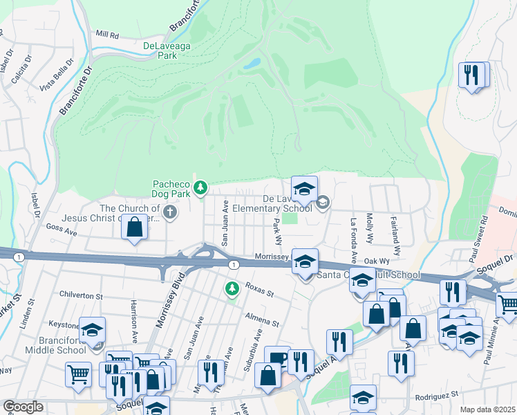 map of restaurants, bars, coffee shops, grocery stores, and more near 725 Trevethan Avenue in Santa Cruz