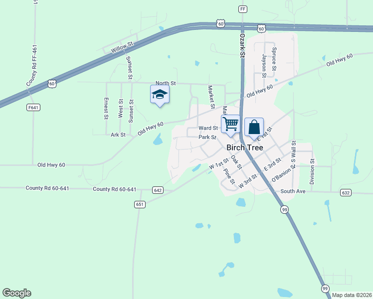 map of restaurants, bars, coffee shops, grocery stores, and more near Birch Street in Birch Tree
