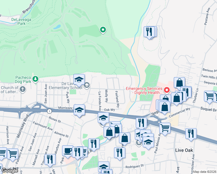 map of restaurants, bars, coffee shops, grocery stores, and more near 110 Camino Del Sol in Santa Cruz
