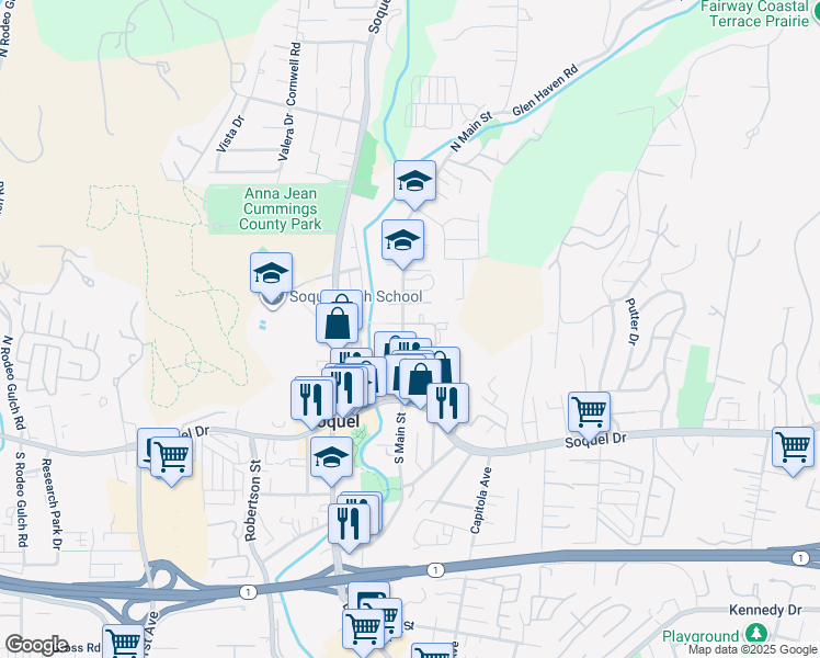 map of restaurants, bars, coffee shops, grocery stores, and more near 3240 North Main Street in Soquel