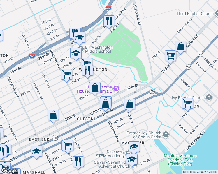 map of restaurants, bars, coffee shops, grocery stores, and more near 1314 30th Street in Newport News