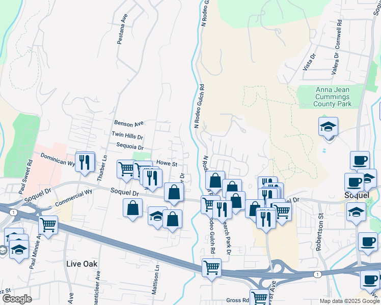 map of restaurants, bars, coffee shops, grocery stores, and more near 2730 Hampton Lane in Santa Cruz