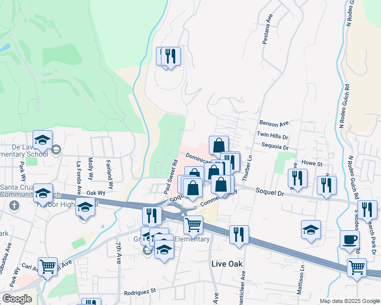map of restaurants, bars, coffee shops, grocery stores, and more near 1555 Dominican Way in Santa Cruz