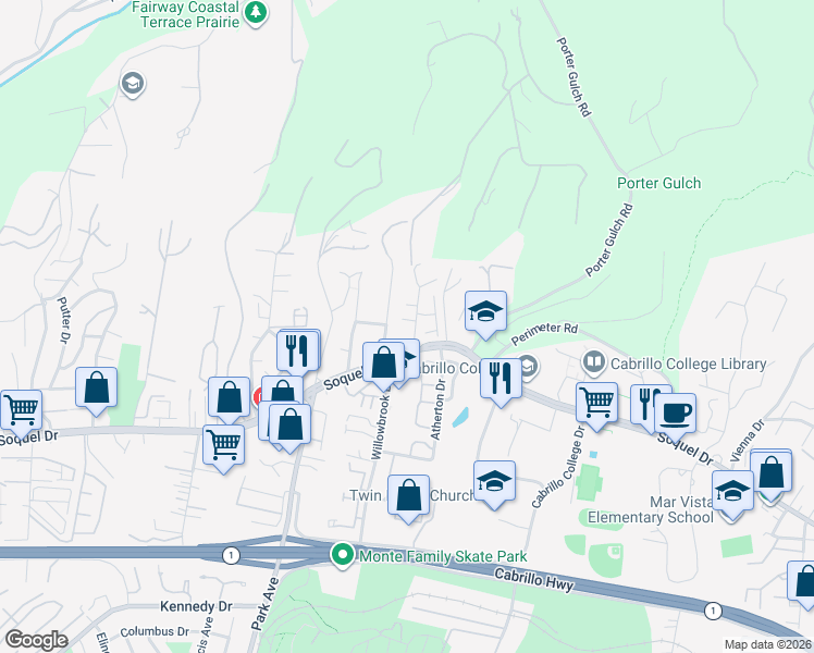 map of restaurants, bars, coffee shops, grocery stores, and more near 3109 Corte Cabrillo in Aptos