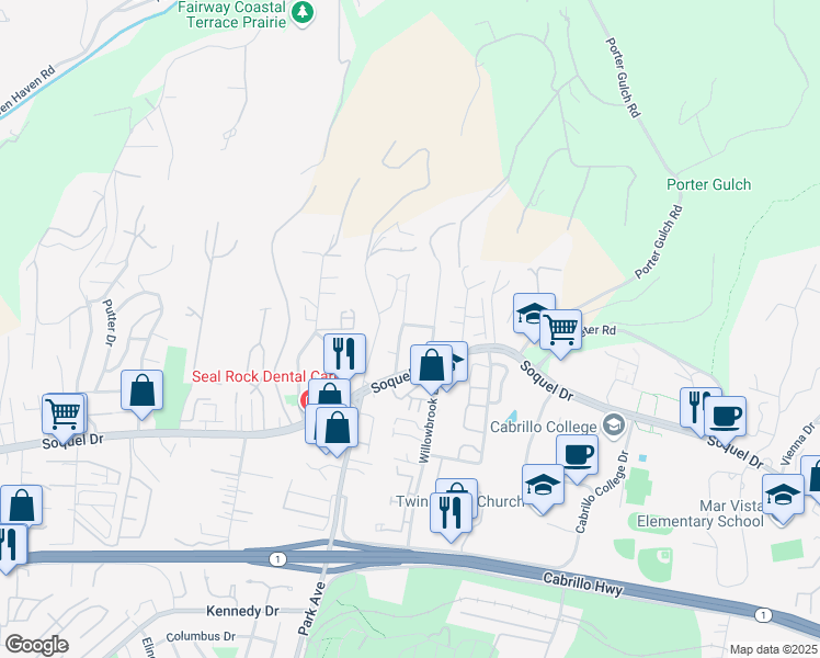 map of restaurants, bars, coffee shops, grocery stores, and more near 3082 McGlenn Drive in Aptos