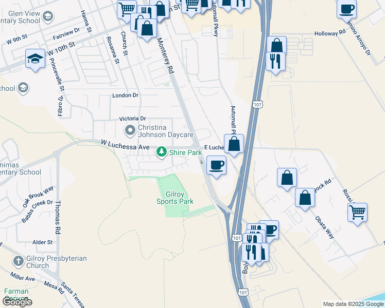 map of restaurants, bars, coffee shops, grocery stores, and more near 6290 Monterey Road in Gilroy
