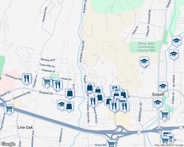 map of restaurants, bars, coffee shops, grocery stores, and more near 260 North Rodeo Gulch Road in Soquel