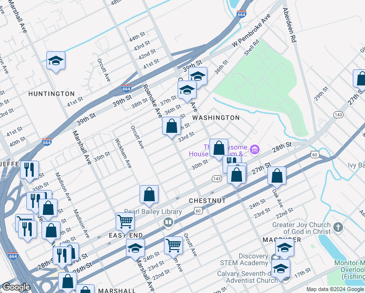 map of restaurants, bars, coffee shops, grocery stores, and more near 1116 33rd Street in Newport News