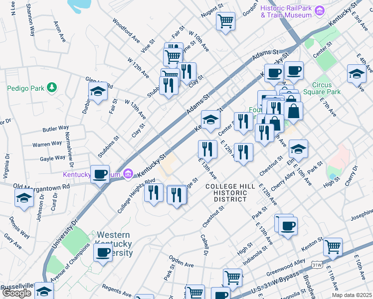 map of restaurants, bars, coffee shops, grocery stores, and more near 1244 Kentucky Street in Bowling Green