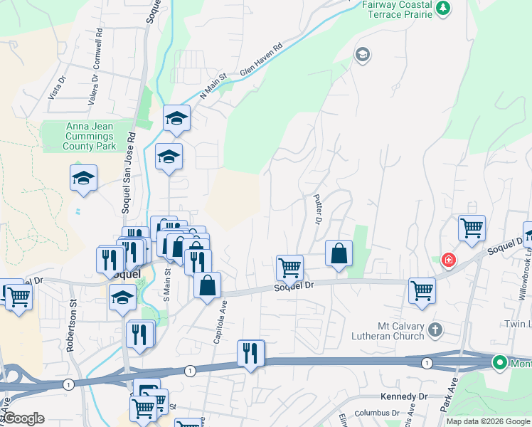 map of restaurants, bars, coffee shops, grocery stores, and more near 3401 Crestline Way in Soquel