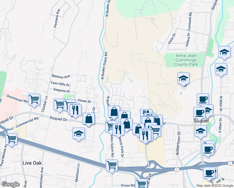 map of restaurants, bars, coffee shops, grocery stores, and more near 100 North Rodeo Gulch Road in Soquel