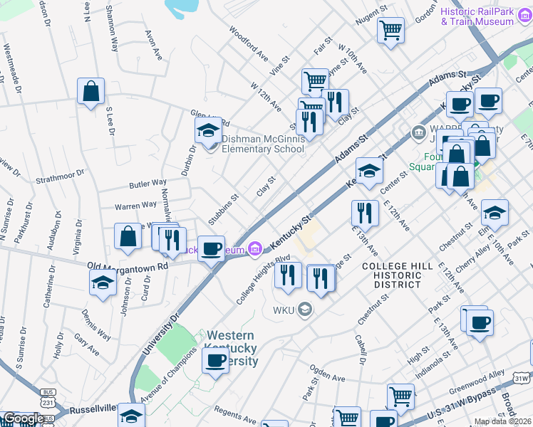 map of restaurants, bars, coffee shops, grocery stores, and more near 1362 Clay Street in Bowling Green