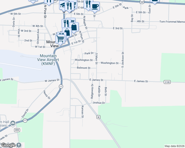 map of restaurants, bars, coffee shops, grocery stores, and more near 406 East James Street in Mountain View