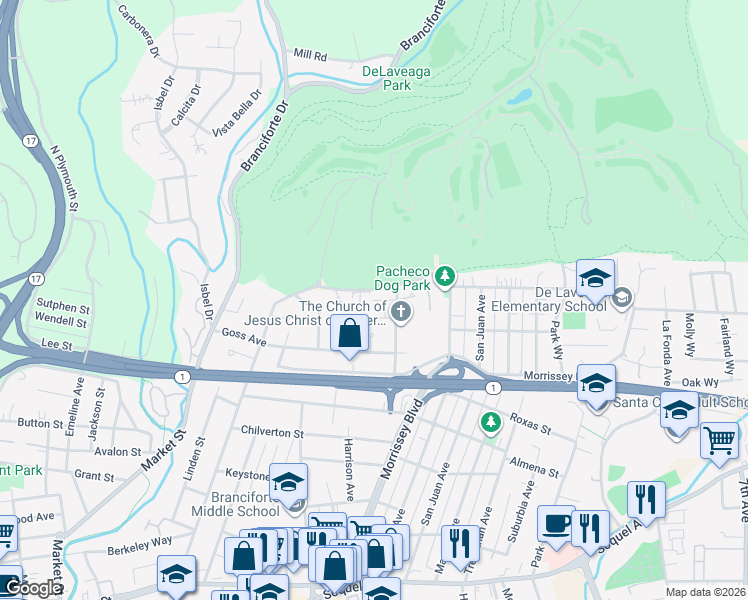 map of restaurants, bars, coffee shops, grocery stores, and more near 230 Delaveaga Park Drive in Santa Cruz