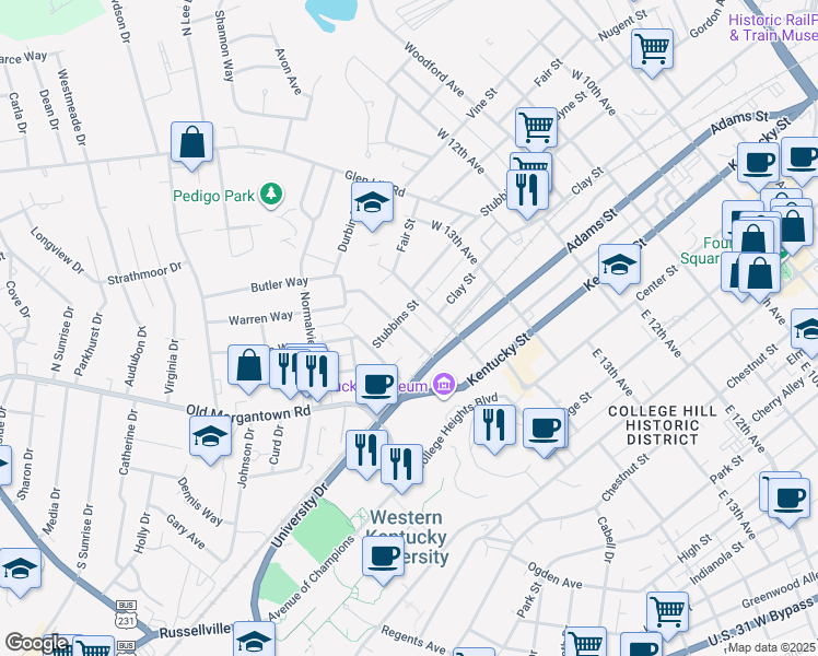 map of restaurants, bars, coffee shops, grocery stores, and more near 114 West 15th Avenue in Bowling Green