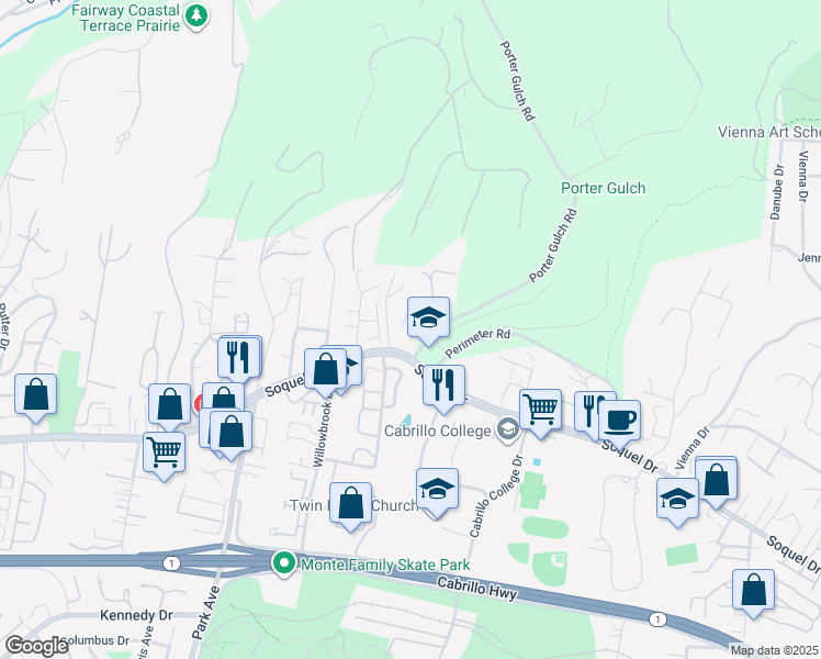 map of restaurants, bars, coffee shops, grocery stores, and more near 3055 Porter Gulch Road in Aptos