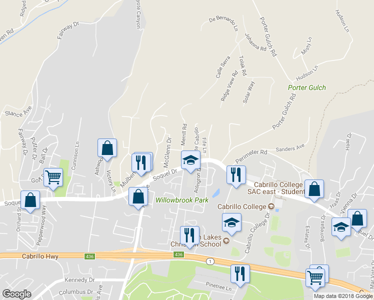 map of restaurants, bars, coffee shops, grocery stores, and more near 3220 Merrill Road in Aptos