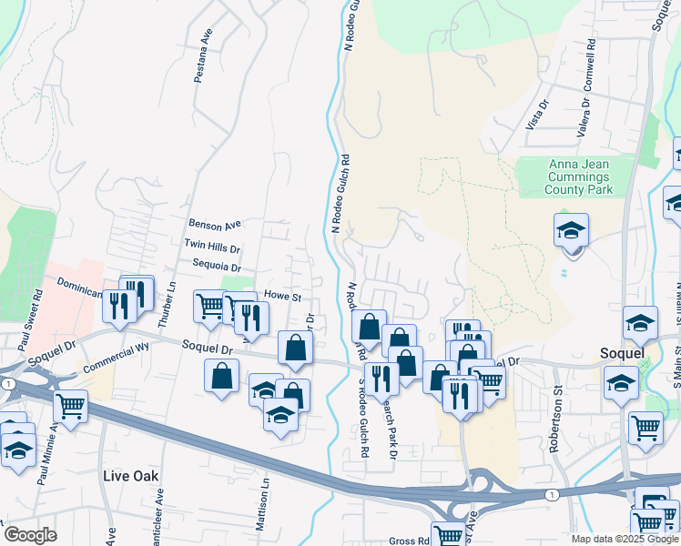 map of restaurants, bars, coffee shops, grocery stores, and more near 200 North Rodeo Gulch Road in Soquel