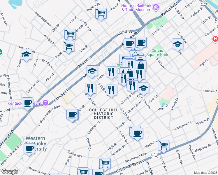 map of restaurants, bars, coffee shops, grocery stores, and more near 1146 College Street in Bowling Green