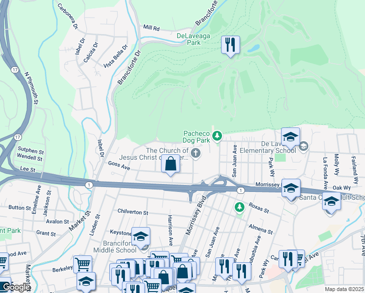 map of restaurants, bars, coffee shops, grocery stores, and more near 230 Delaveaga Park Drive in Santa Cruz