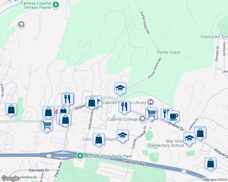 map of restaurants, bars, coffee shops, grocery stores, and more near 3055 Porter Gulch Road in Aptos