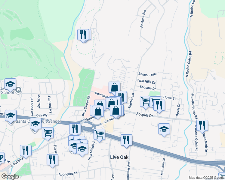 map of restaurants, bars, coffee shops, grocery stores, and more near 3323 Mission Drive in Santa Cruz