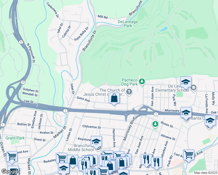 map of restaurants, bars, coffee shops, grocery stores, and more near 180 Delaveaga Park Drive in Santa Cruz