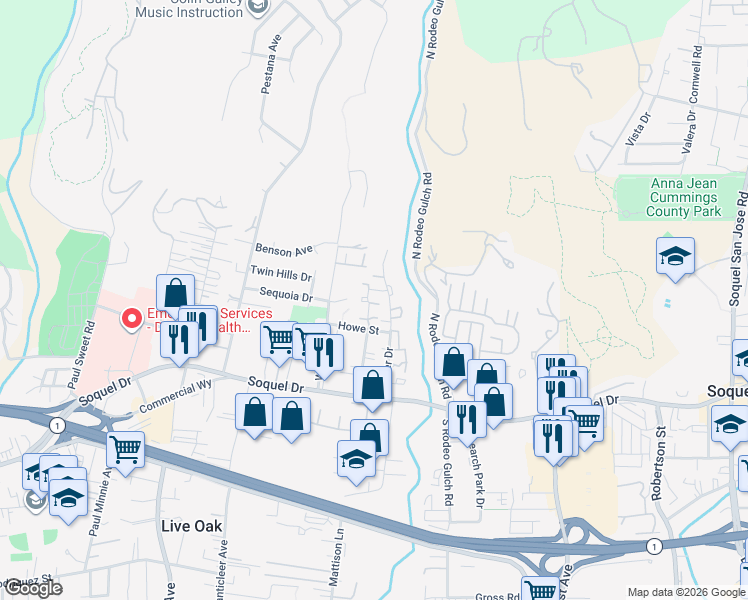 map of restaurants, bars, coffee shops, grocery stores, and more near 2606 Mallory Lane in Santa Cruz
